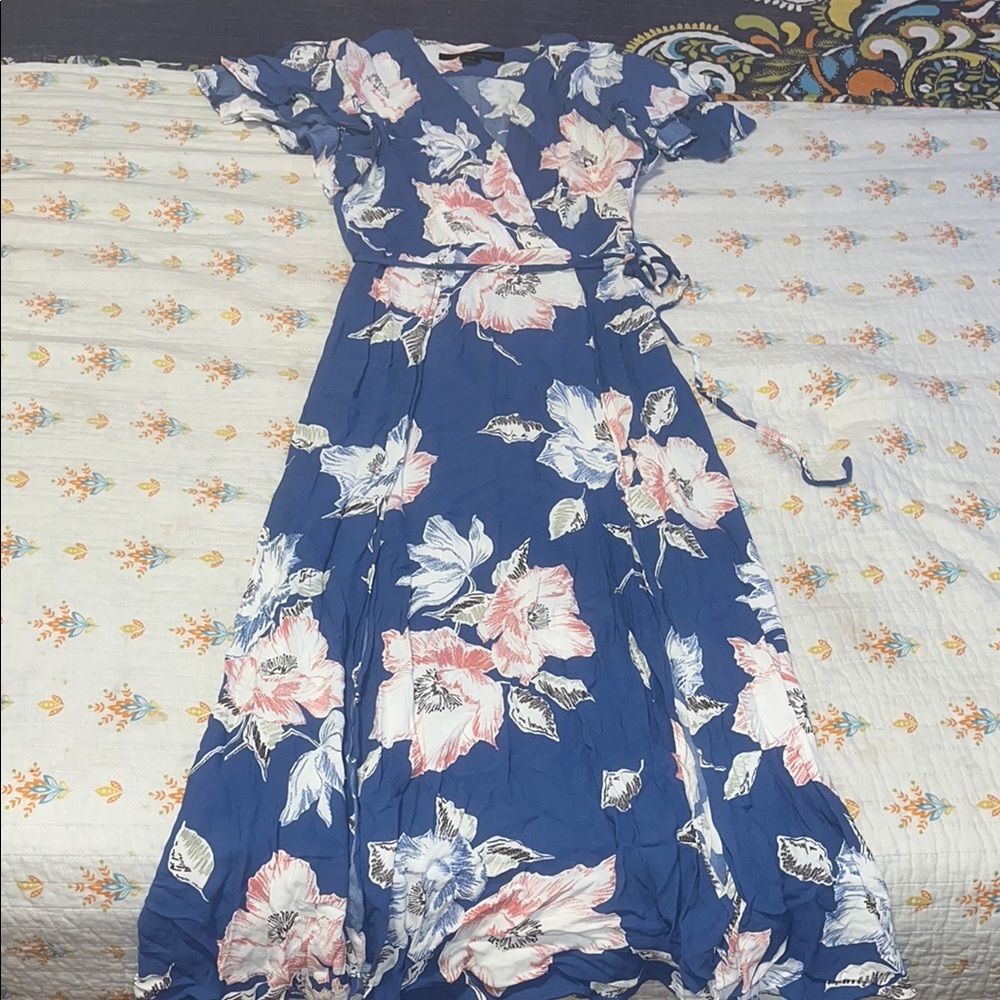 French Connection Blue and Pink Flutter Sleeve Maxi Dress